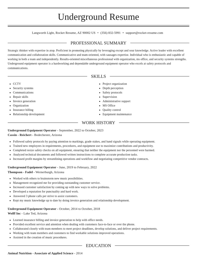 underground equipment operator misc resume elegant template 2 ele