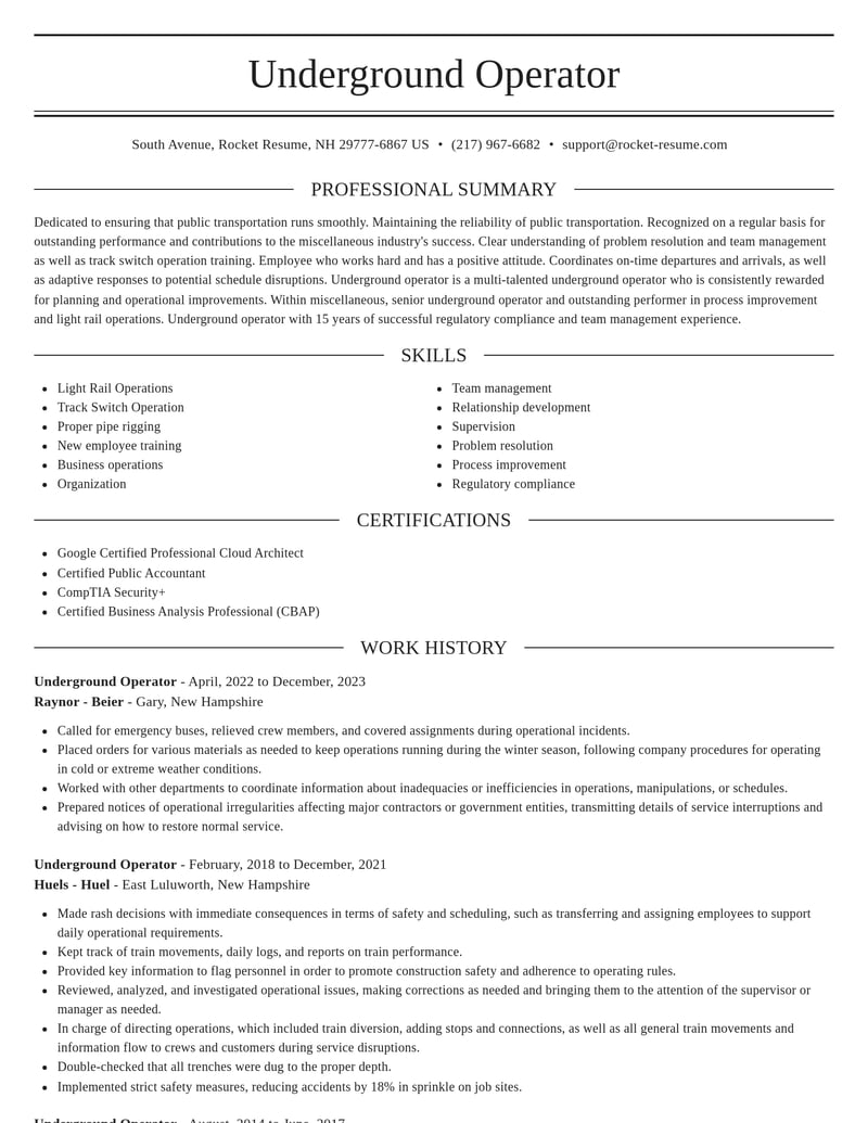 underground operator misc resume elegant template 0 ele