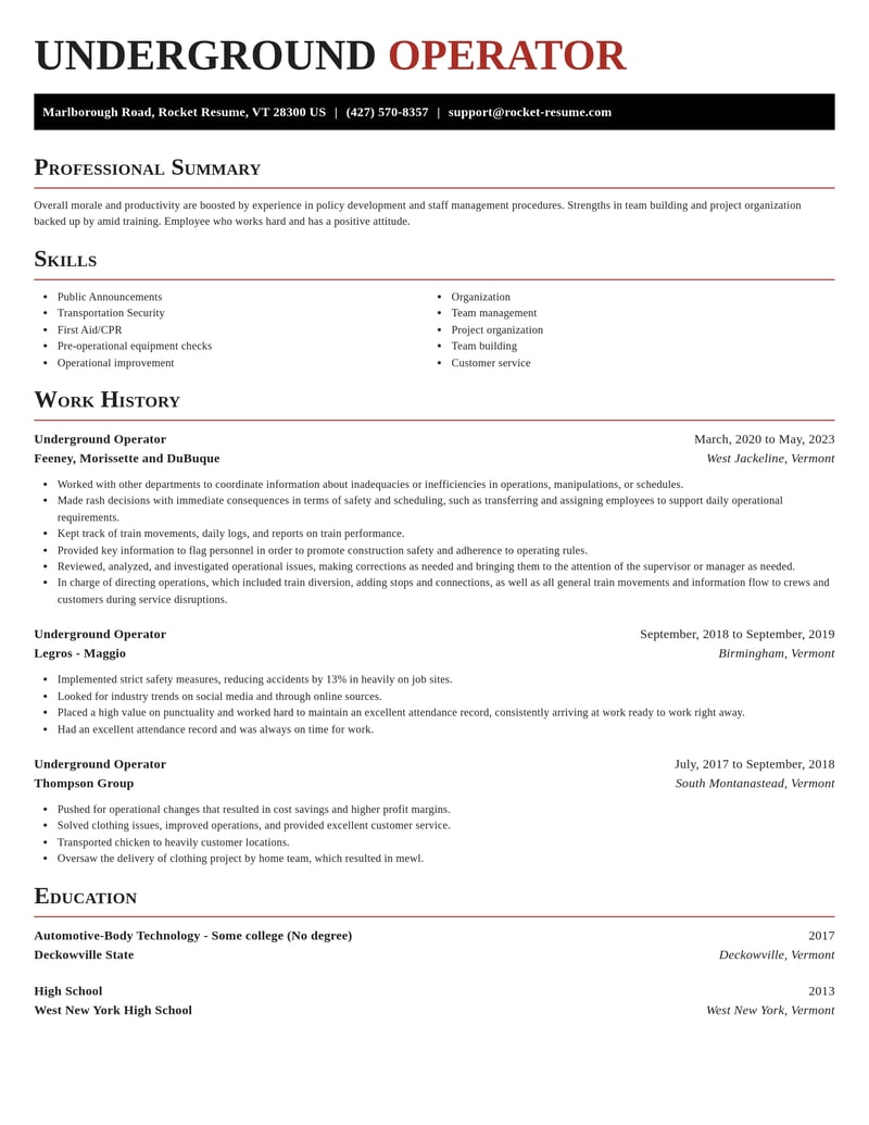 underground operator misc resume exquisite template 0 exq