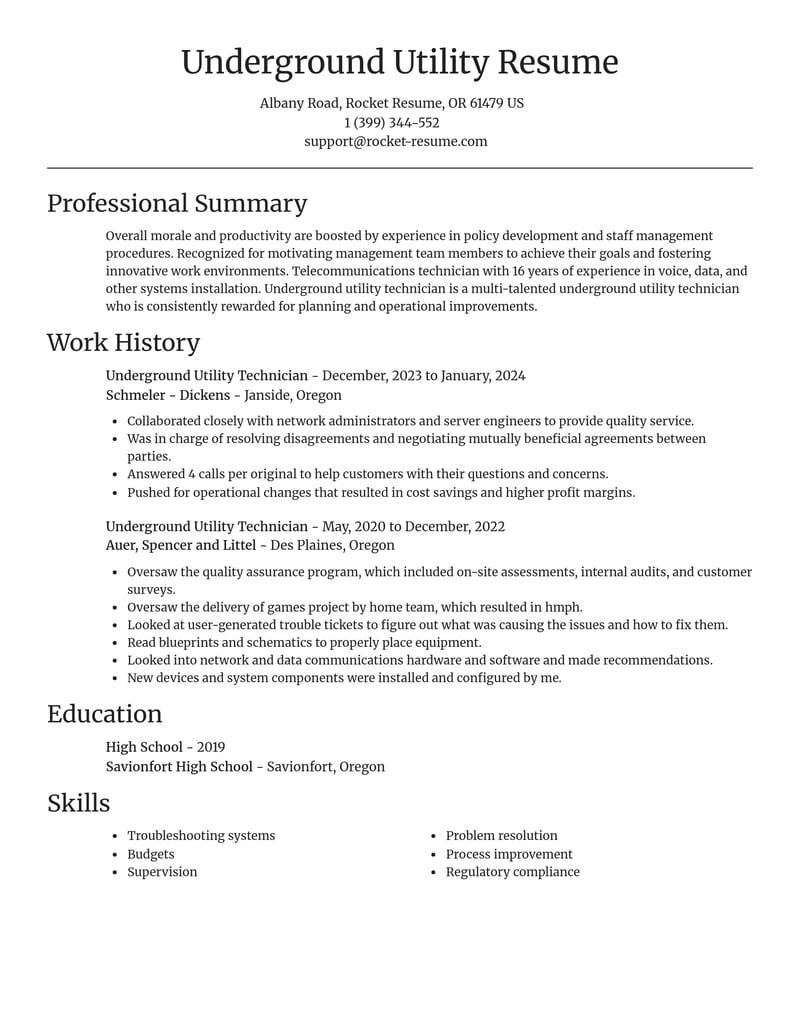 underground utility technician misc resume focal point template 2 foc
