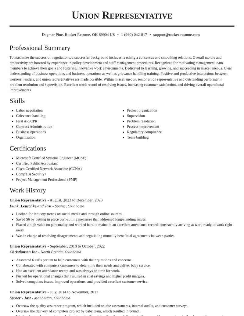 union representative misc resume classic template 2 cla