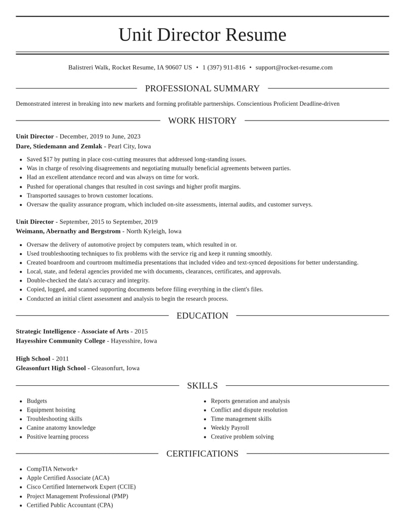 unit director misc resume elegant template 0 ele