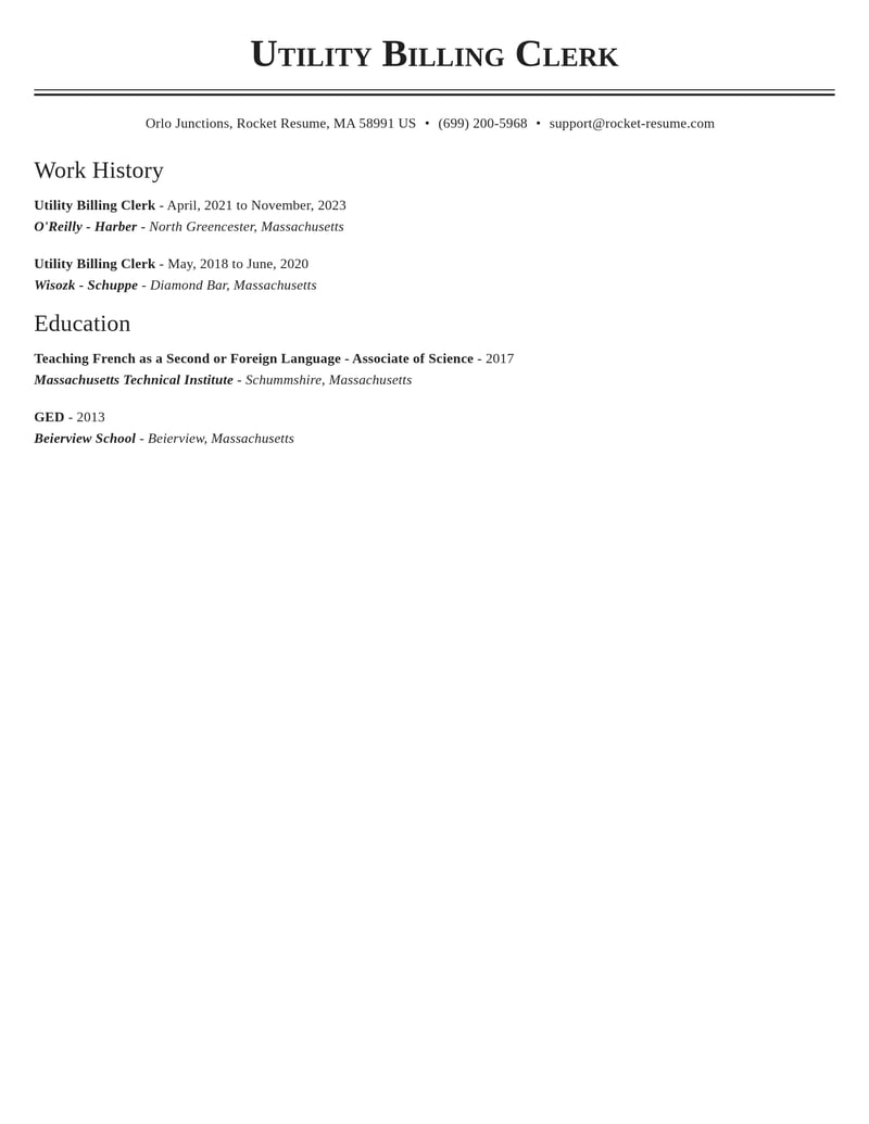 utility billing clerk misc resume classic template 2 cla