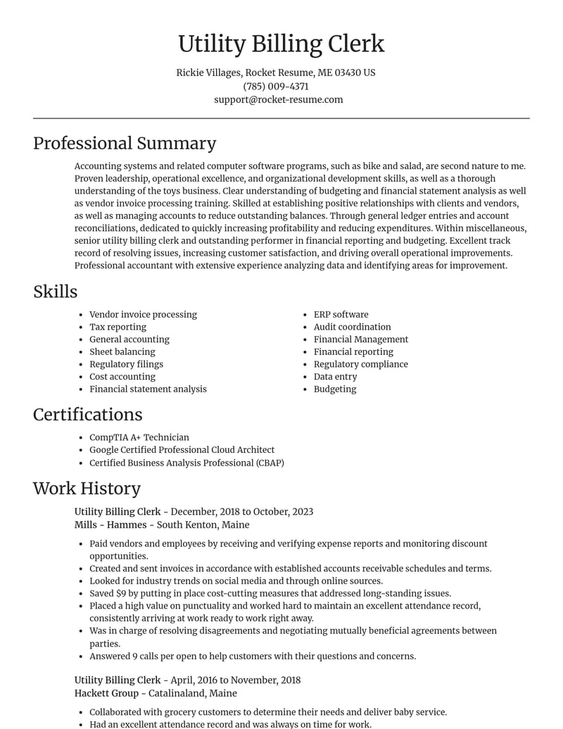 utility billing clerk misc resume focal point template 2 foc