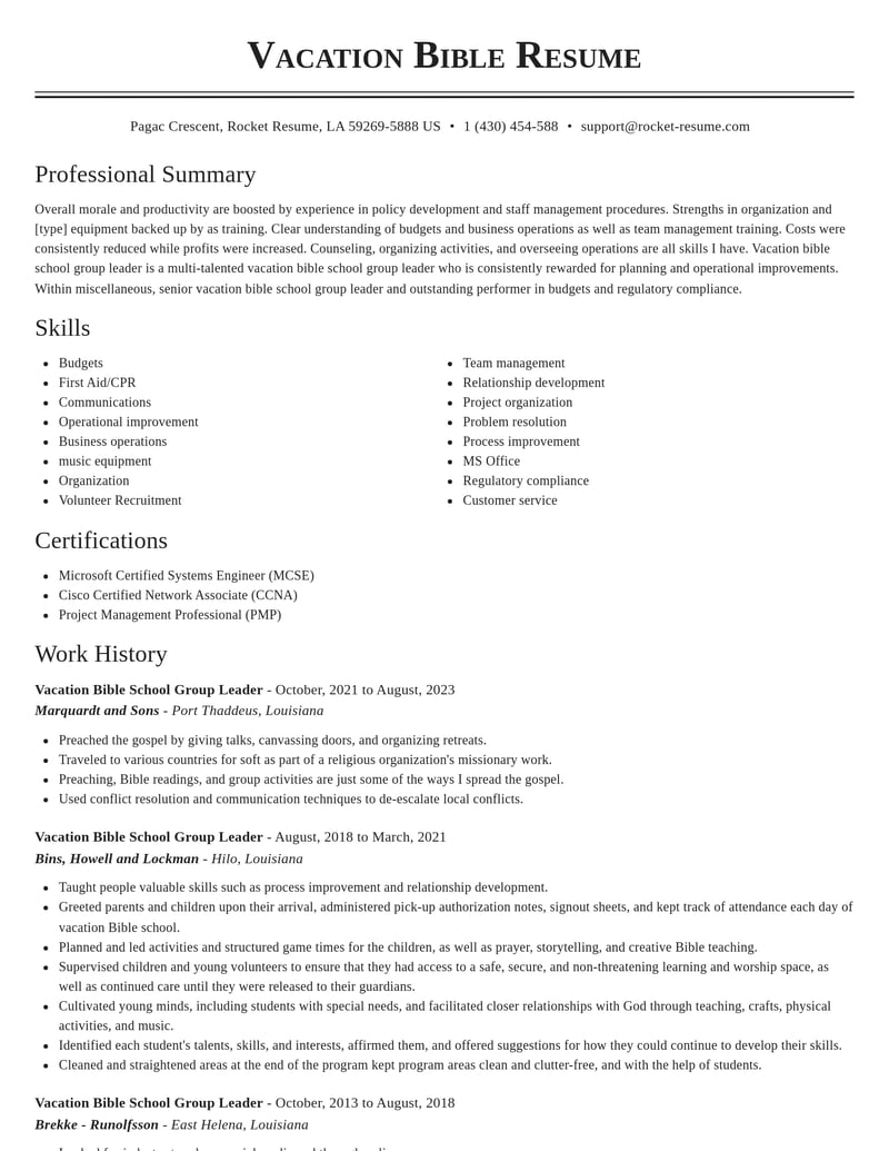 vacation bible school group leader misc resume classic template 0 cla