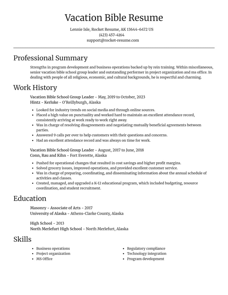 vacation bible school group leader misc resume focal point template 0 foc