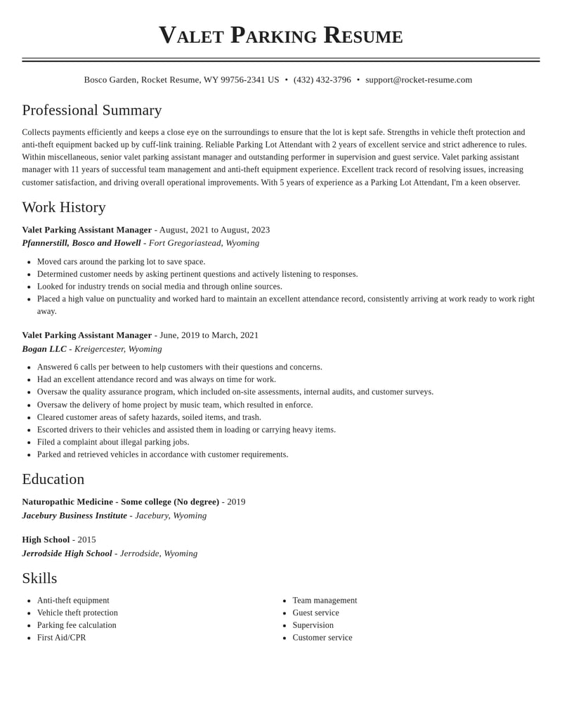 valet parking assistant manager misc resume classic template 2 cla