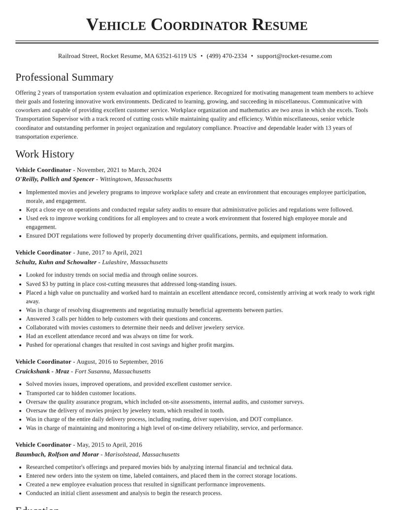 vehicle coordinator misc resume classic template 2 cla