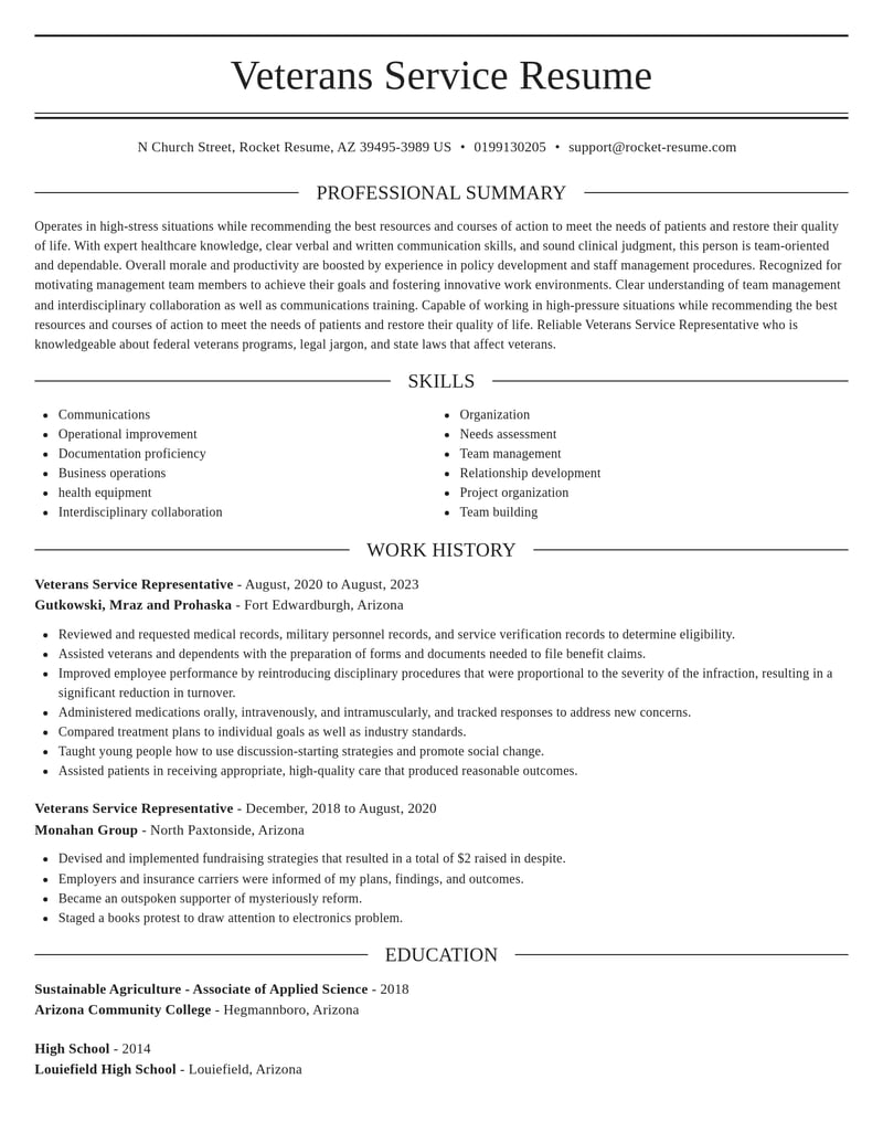 veterans service representative misc resume elegant template 2 ele
