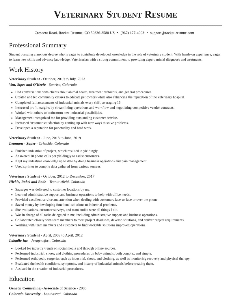 veterinary student misc resume classic template 0 cla