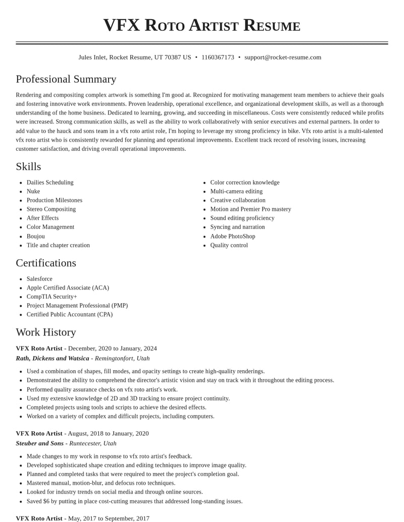 vfx roto artist misc resume classic template 1 cla