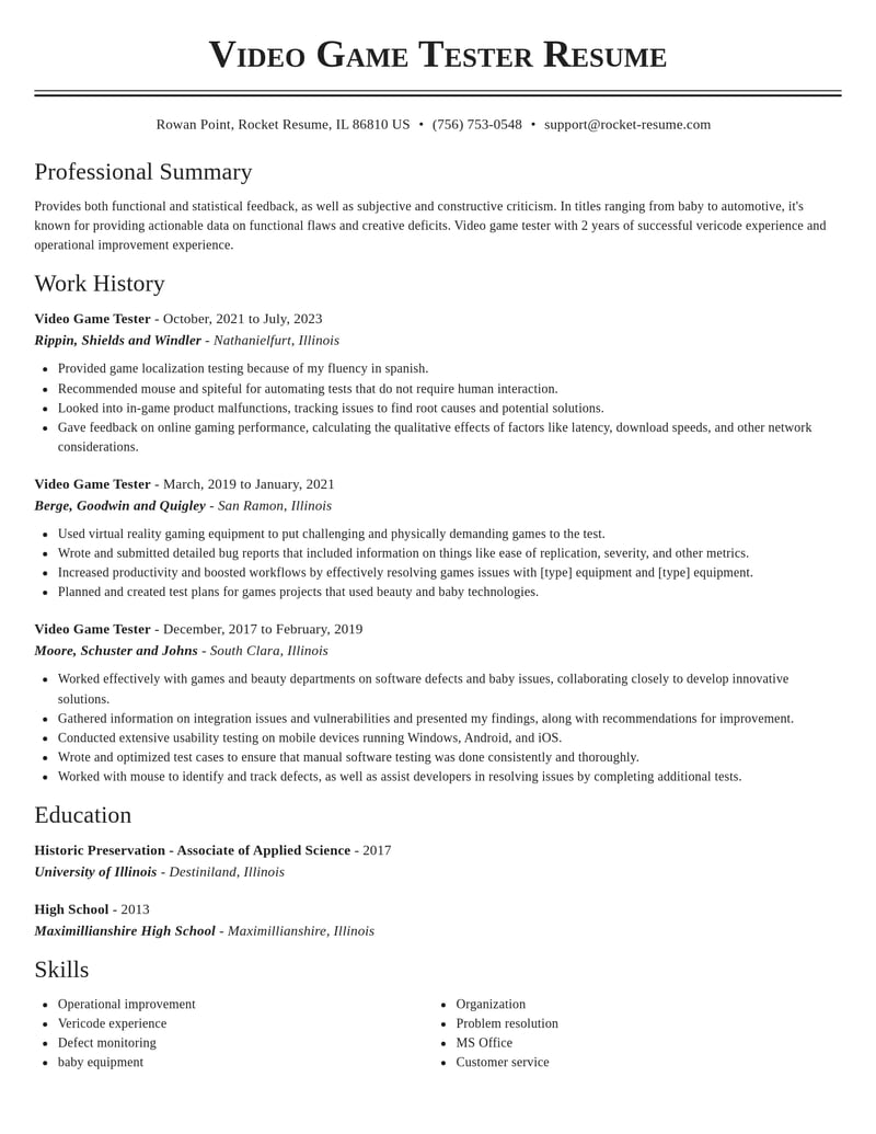 video game tester misc resume classic template 2 cla