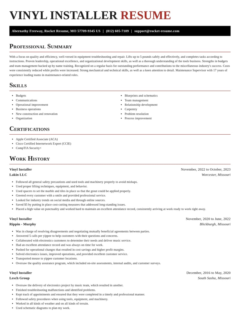 vinyl installer misc resume exquisite template 2 exq