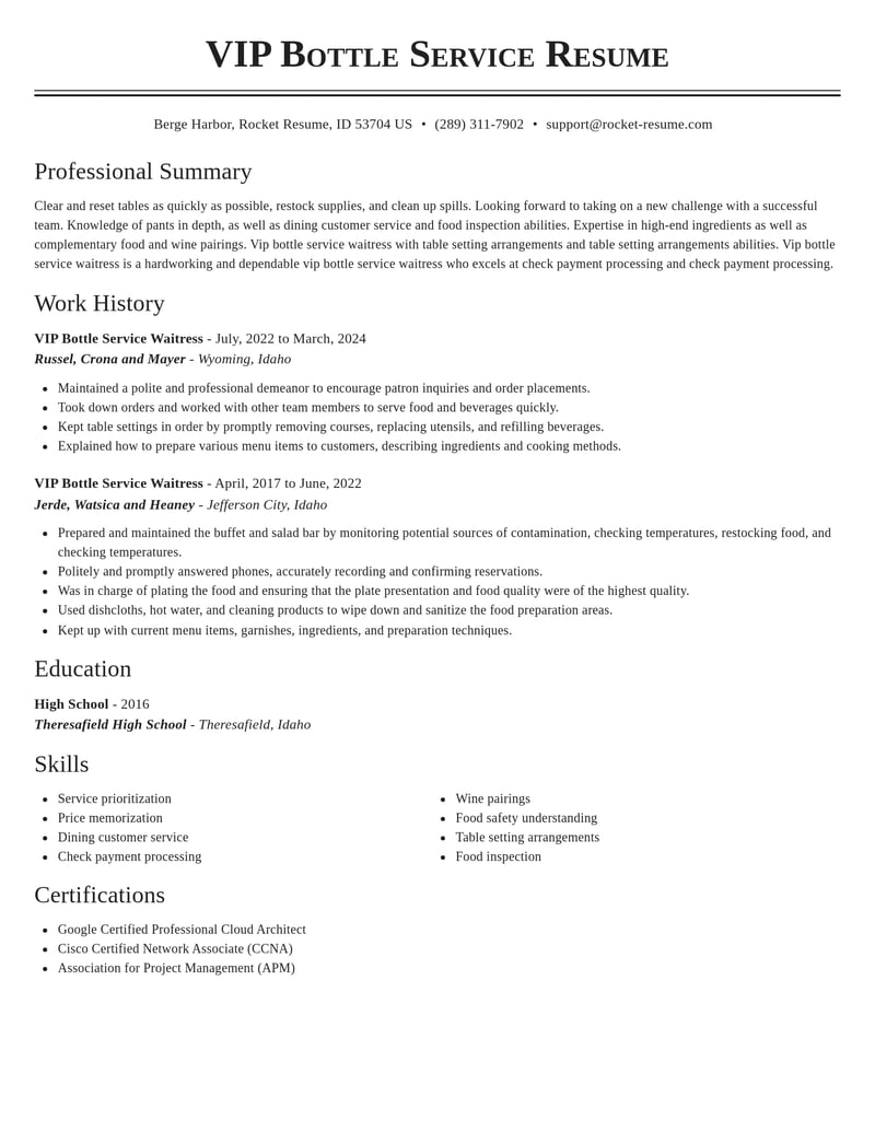 vip bottle service waitress misc resume classic template 2 cla