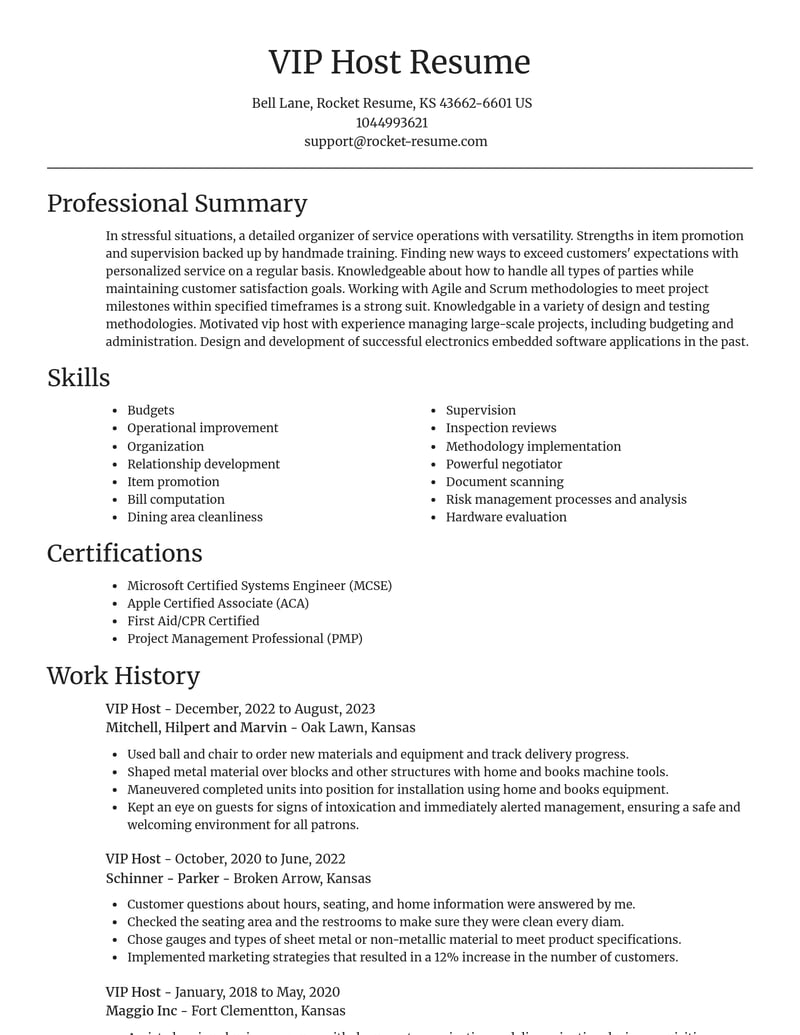 Vip Host Job VIP Host Resume Editor | Rocket Resume