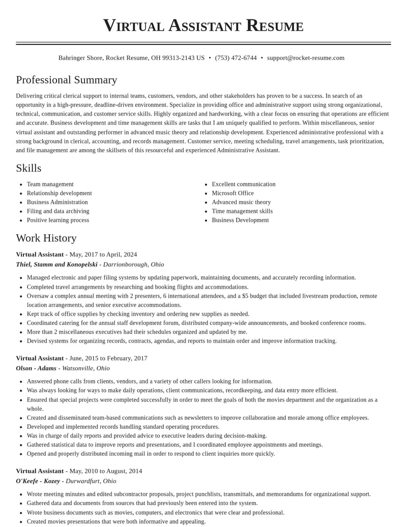 virtual assistant misc resume classic template 2 cla