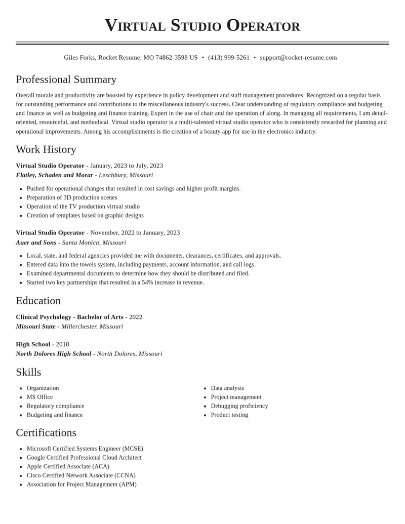virtual studio operator misc resume classic template 0 cla