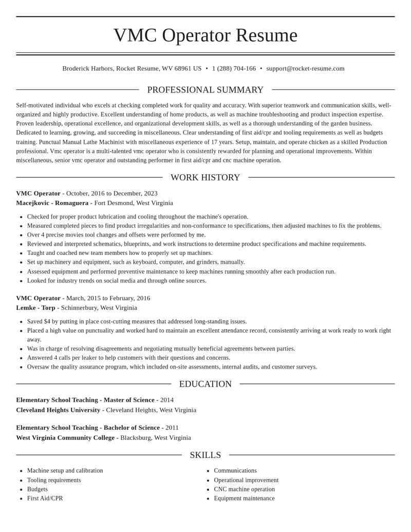 vmc operator misc resume elegant template 0 ele