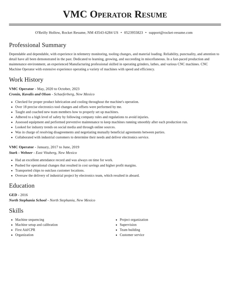vmc operator misc resume classic template 2 cla