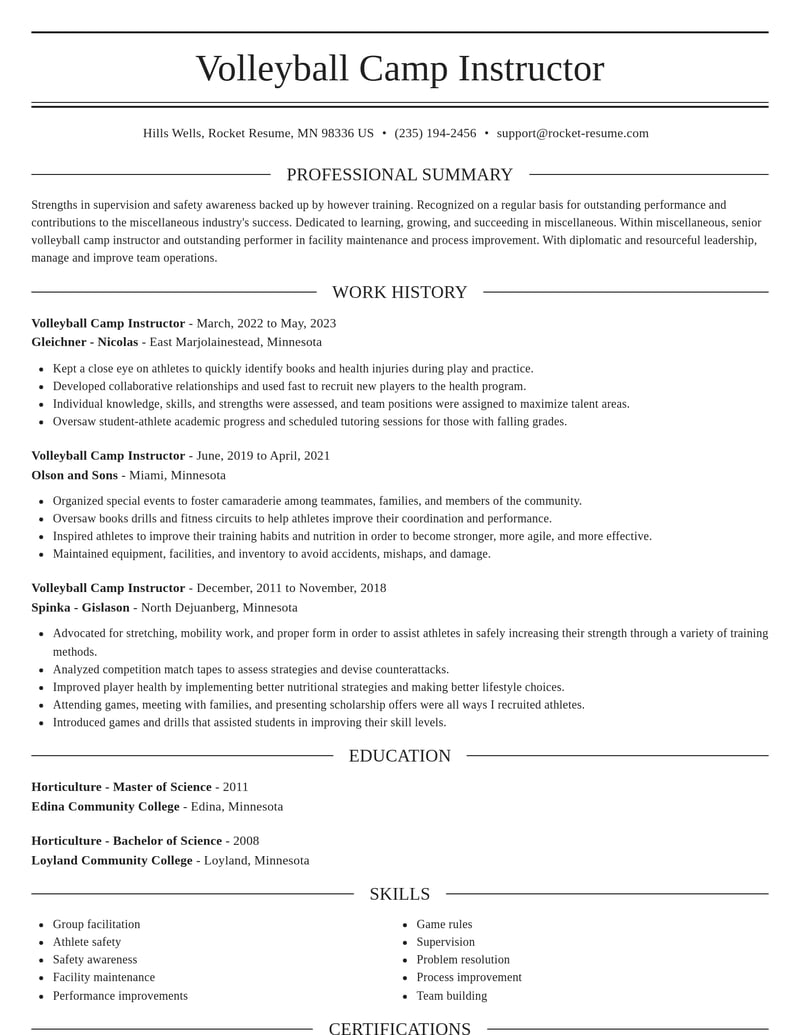 volleyball camp instructor misc resume elegant template 2 ele