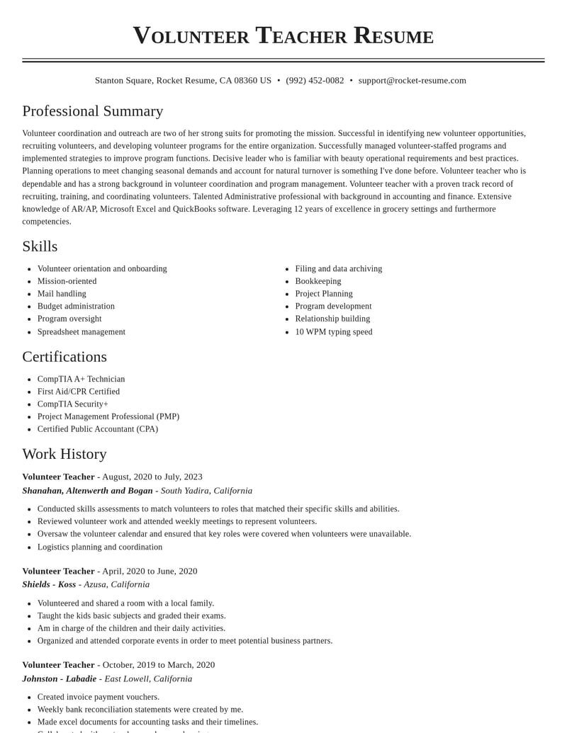 volunteer teacher misc resume classic template 2 cla