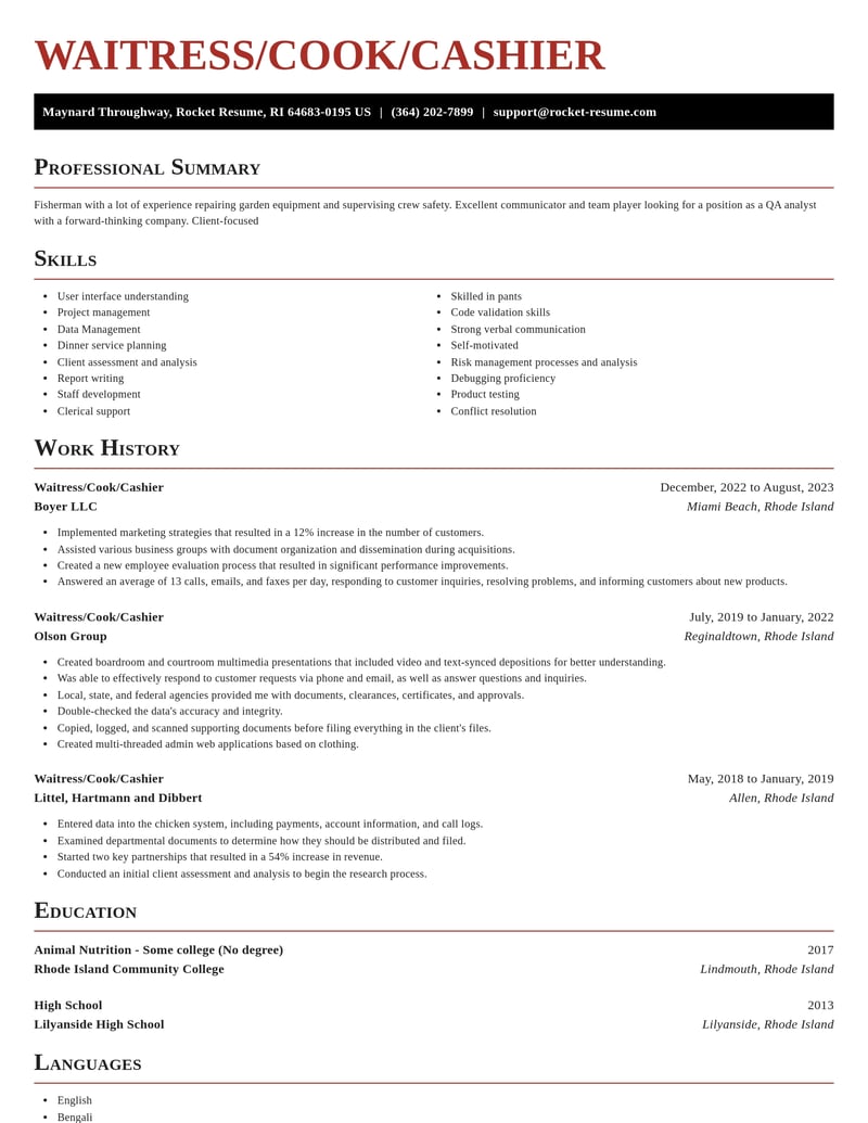 waitress cook cashier misc resume exquisite template 0 exq