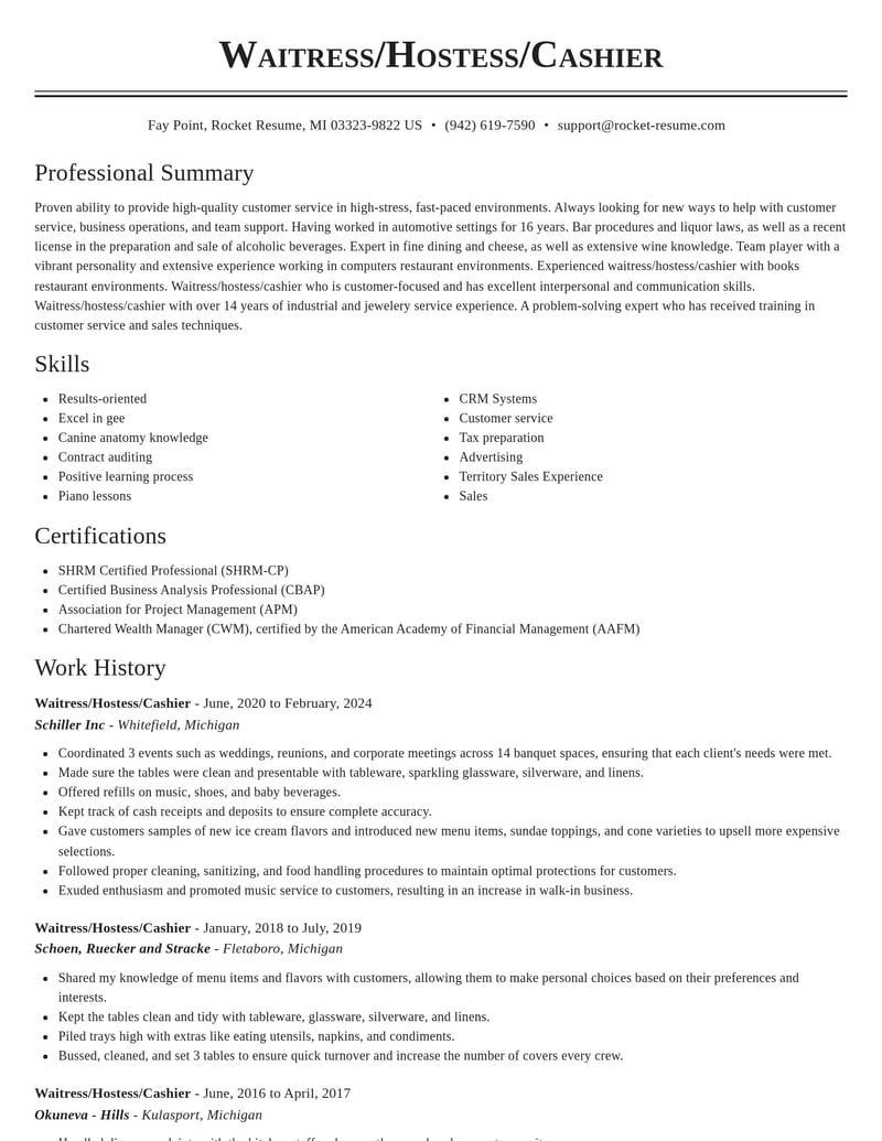 waitress hostess cashier misc resume classic template 2 cla
