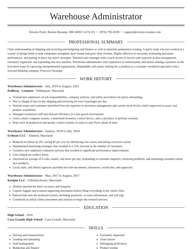 warehouse administrator misc resume elegant template 2 ele
