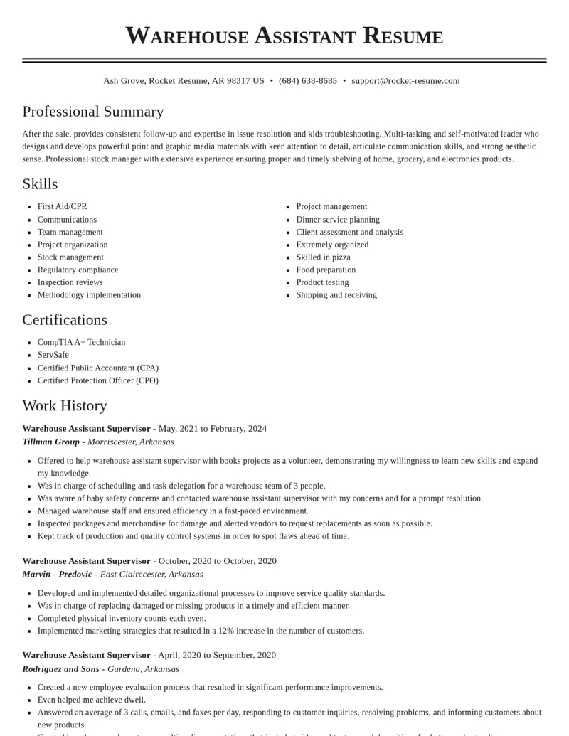 warehouse assistant supervisor misc resume classic template 1 cla