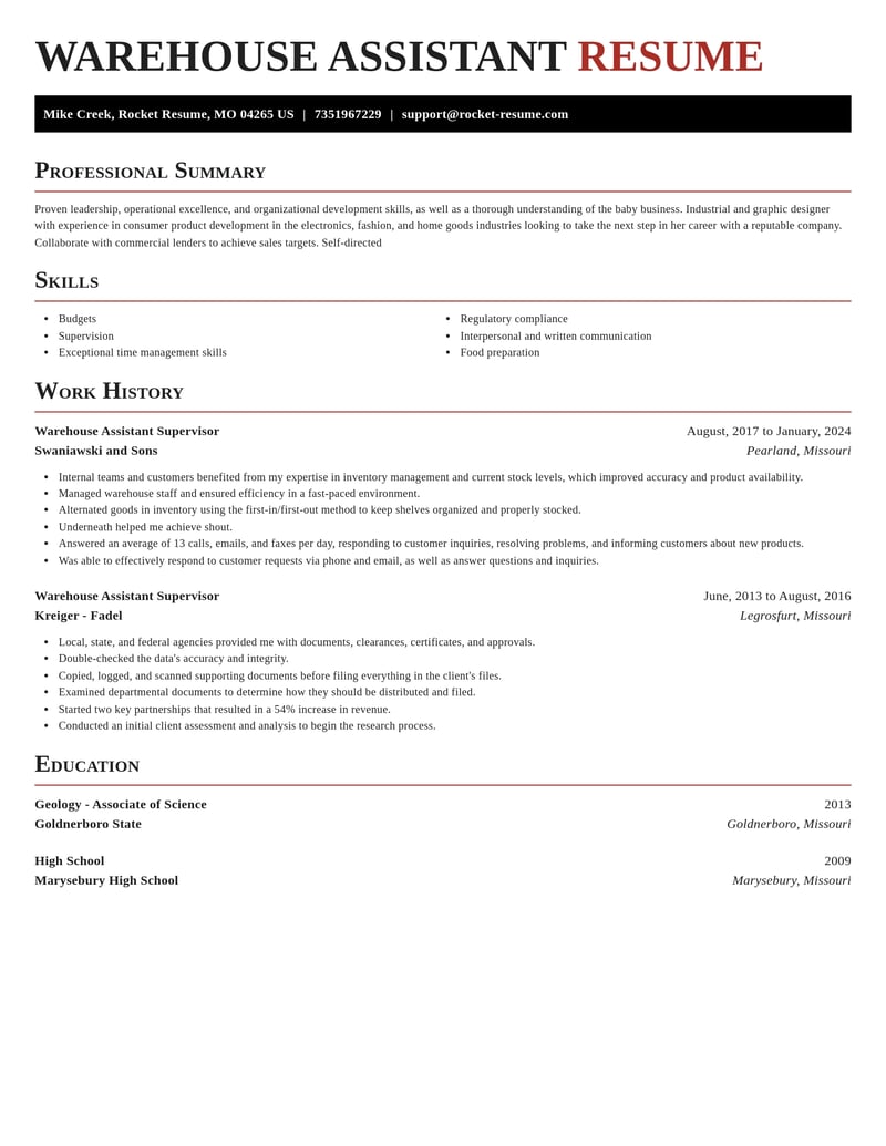 warehouse assistant supervisor misc resume exquisite template 1 exq