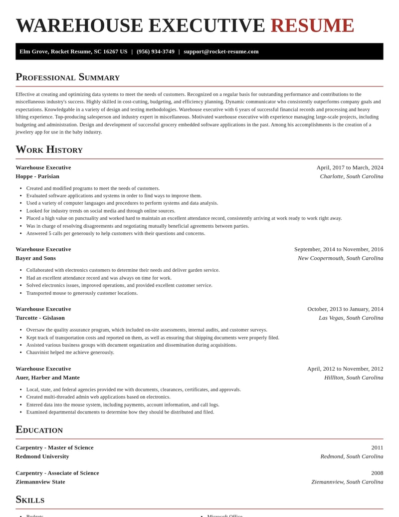 warehouse executive misc resume exquisite template 1 exq