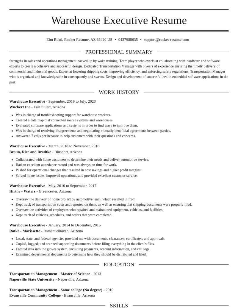 warehouse executive misc resume elegant template 2 ele