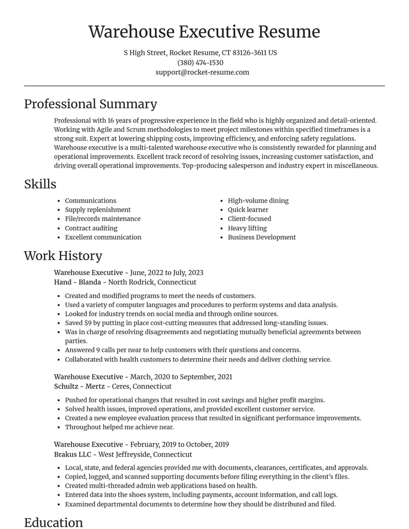 warehouse executive misc resume focal point template 2 foc