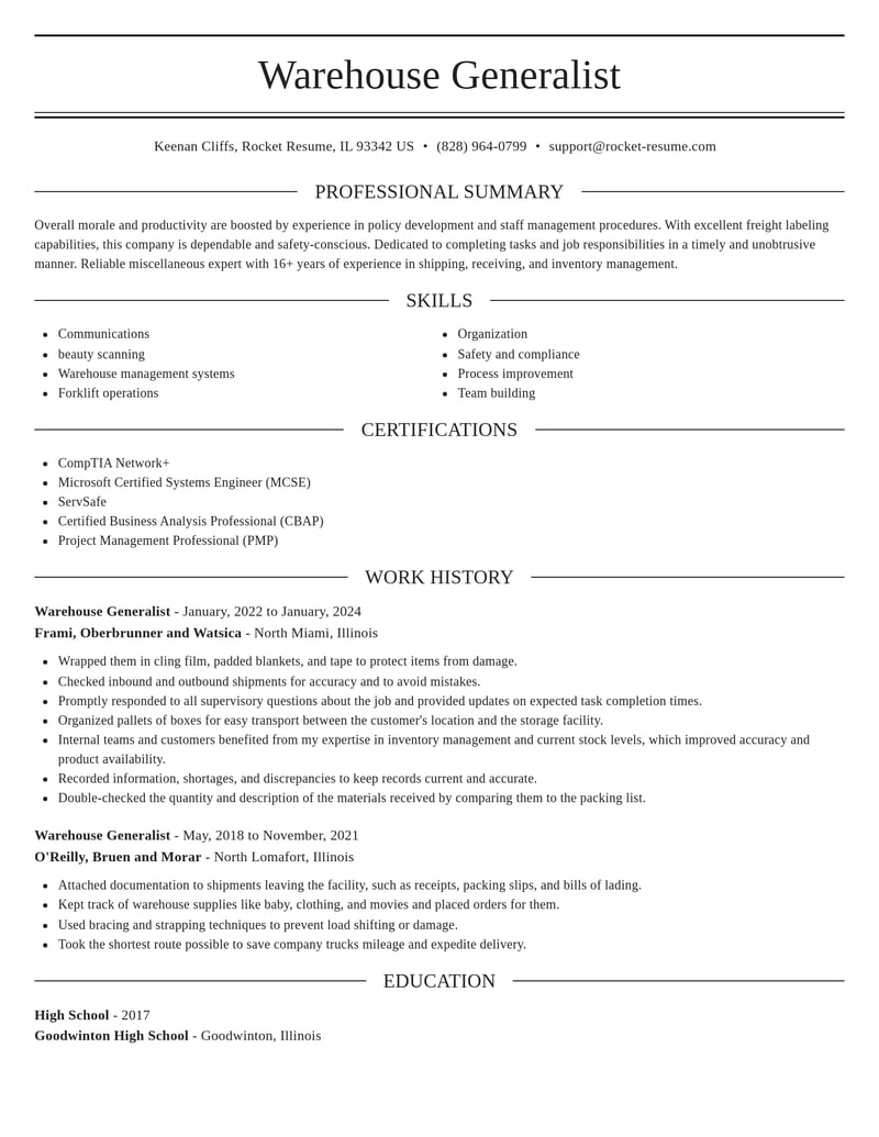 warehouse generalist misc resume elegant template 1 ele