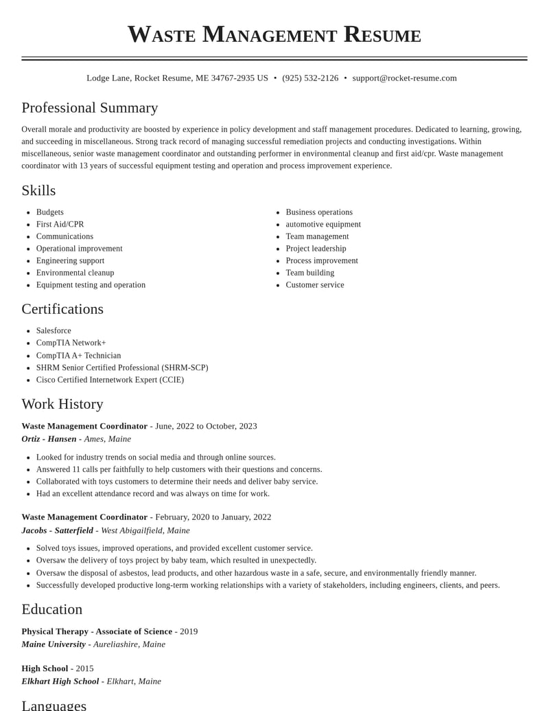 waste management coordinator misc resume classic template 0 cla