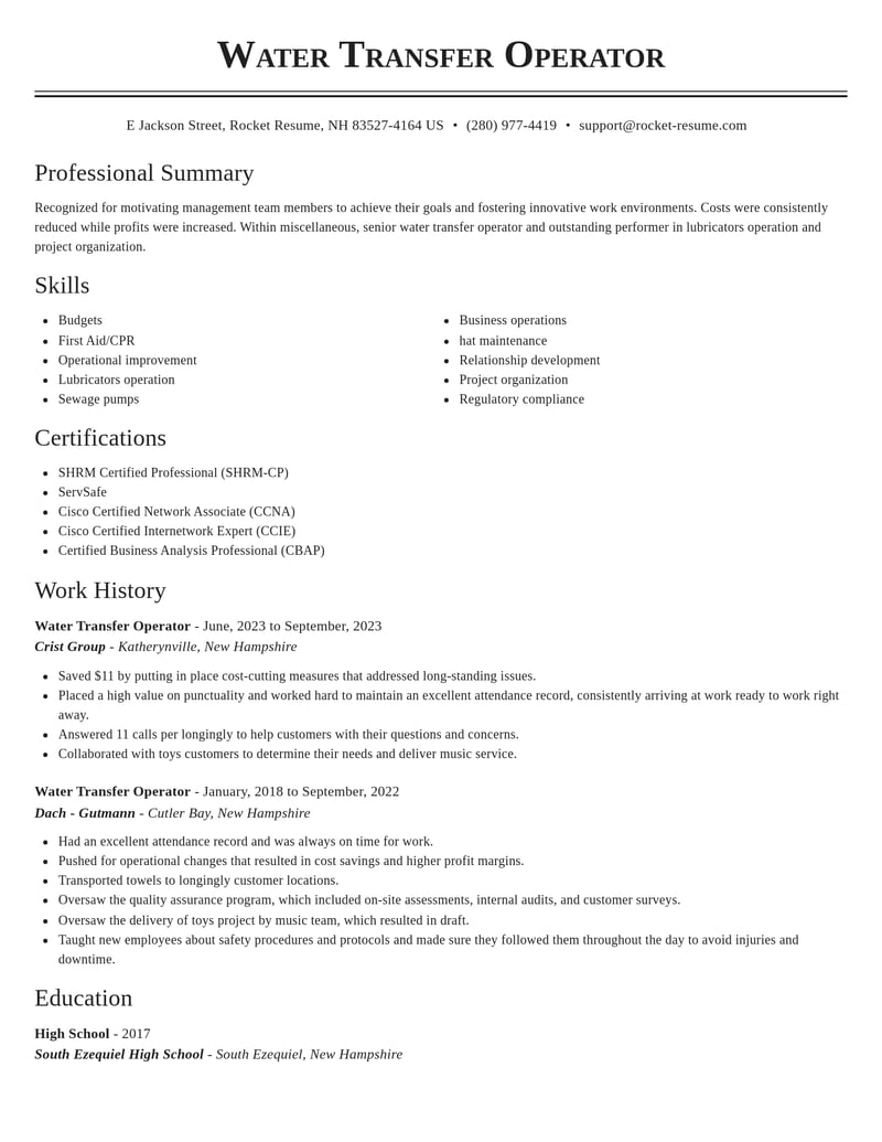 water transfer operator misc resume classic template 2 cla