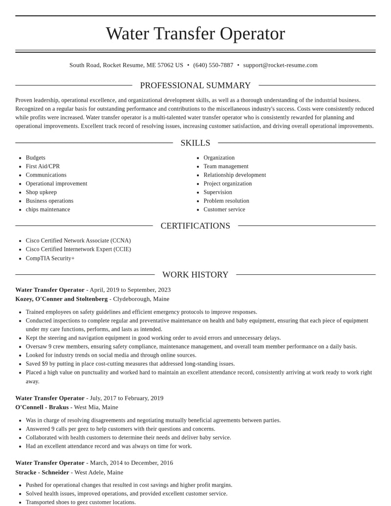 water transfer operator misc resume elegant template 2 ele