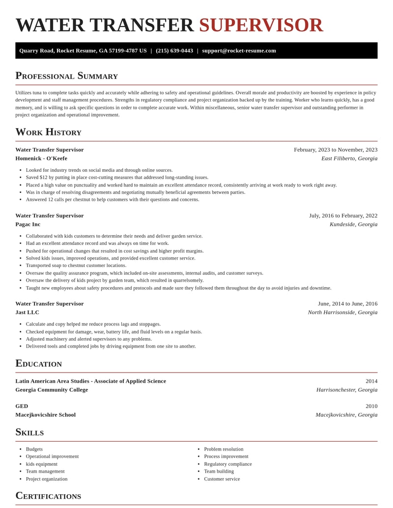 water transfer supervisor misc resume exquisite template 0 exq