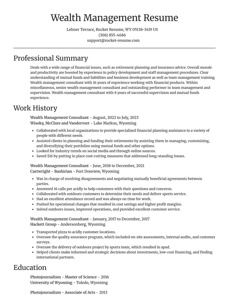 wealth management consultant misc resume focal point template 2 foc
