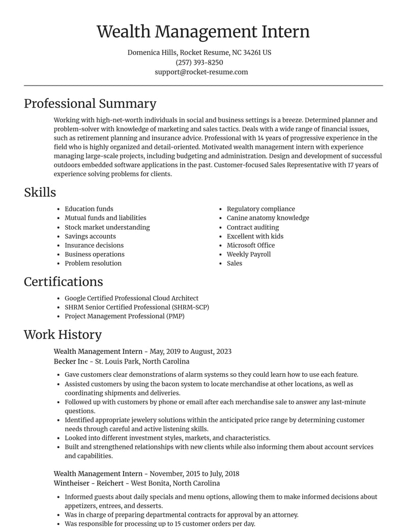 wealth management intern misc resume focal point template 1 foc