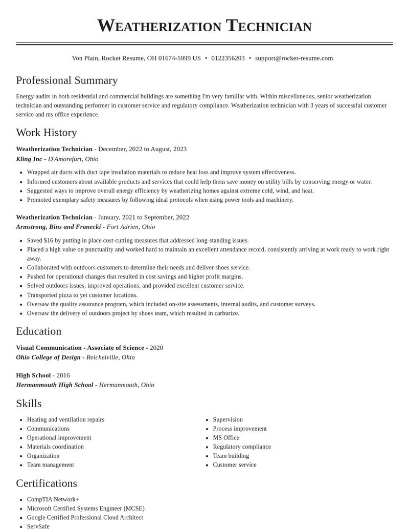 weatherization technician misc resume classic template 2 cla
