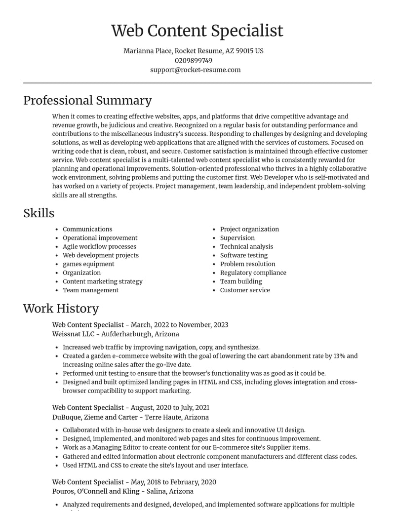 web content specialist misc resume focal point template 2 foc