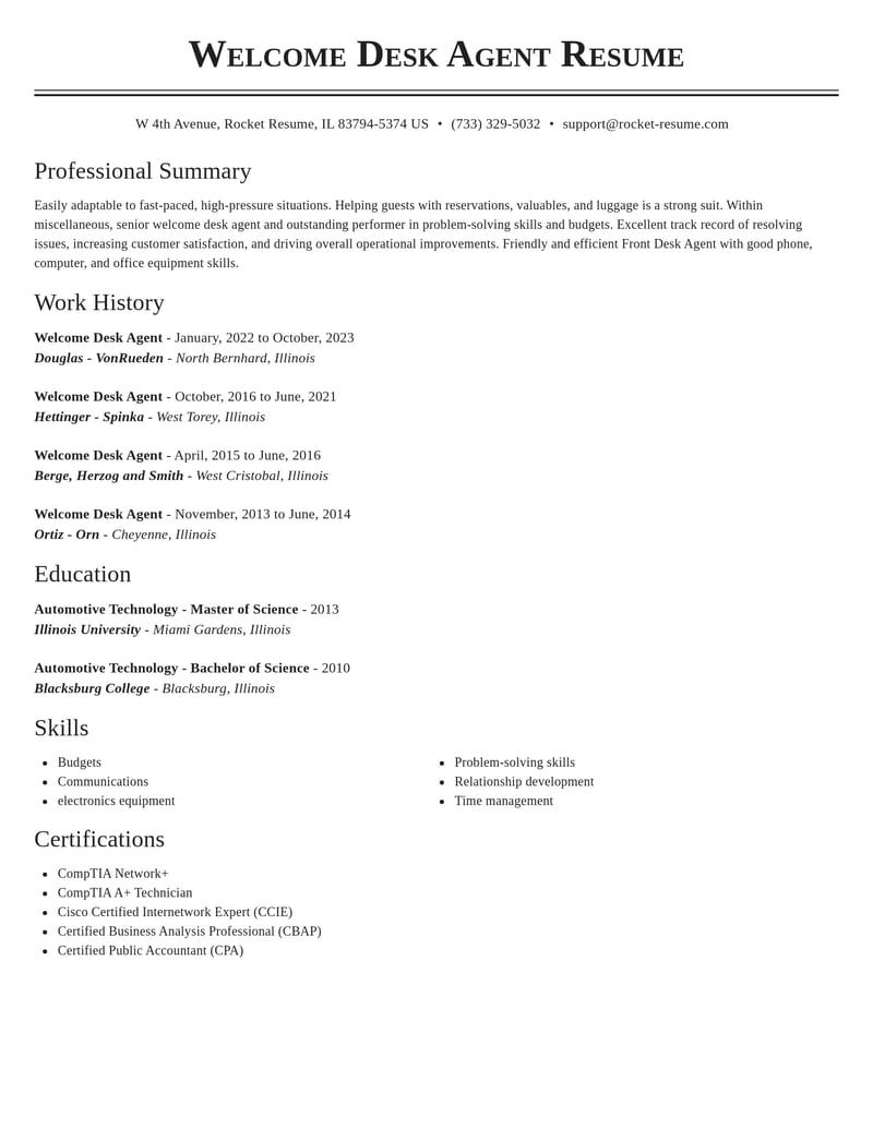 welcome desk agent misc resume classic template 0 cla