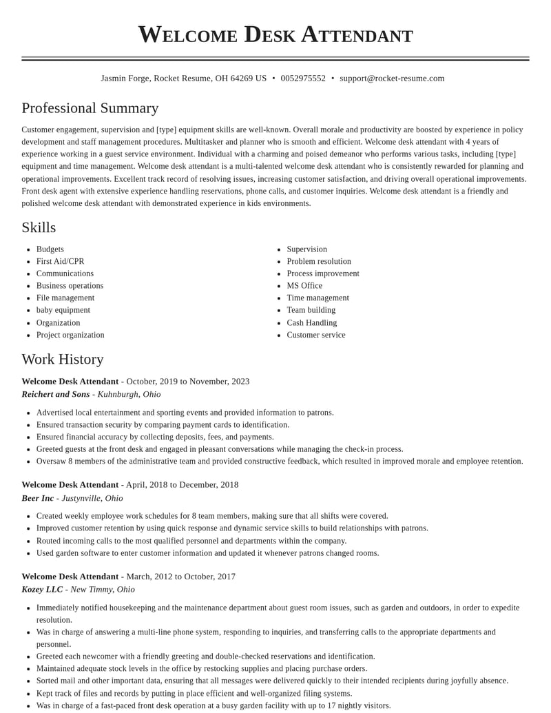 welcome desk attendant misc resume classic template 1 cla