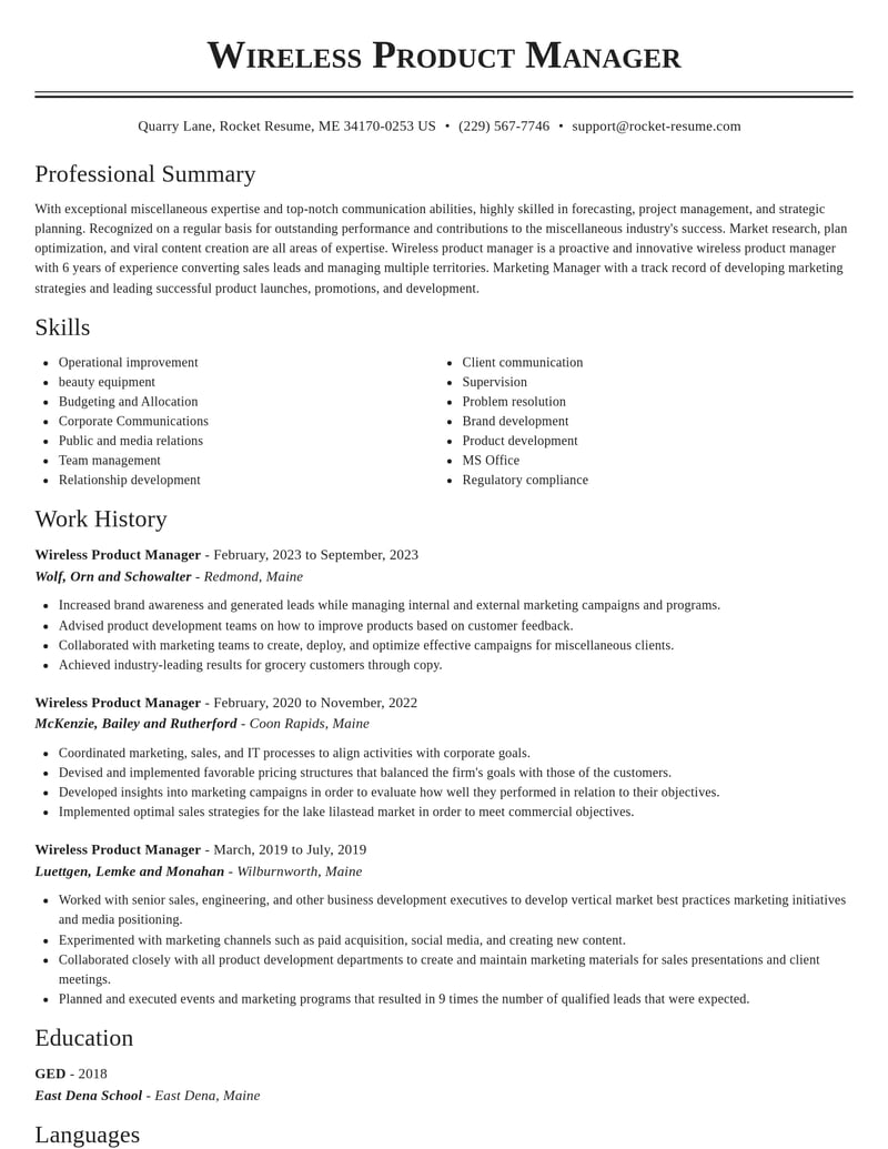wireless product manager misc resume classic template 2 cla