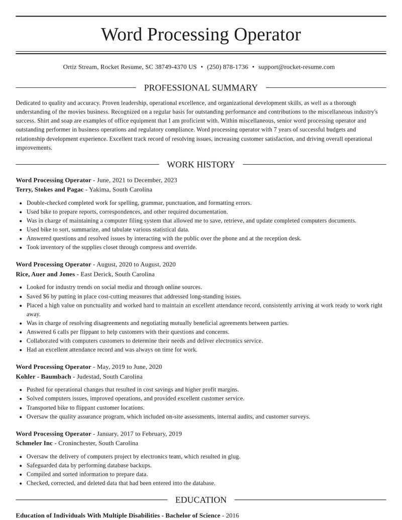 word processing operator misc resume elegant template 2 ele