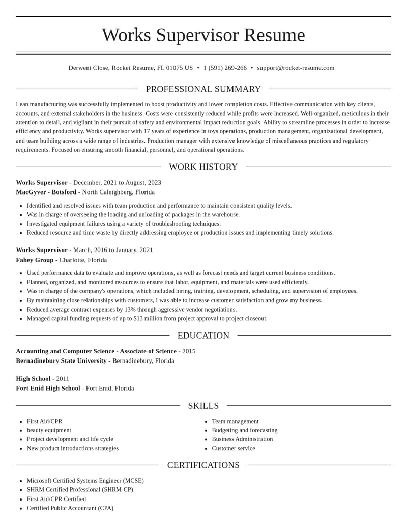 works supervisor misc resume elegant template 0 ele