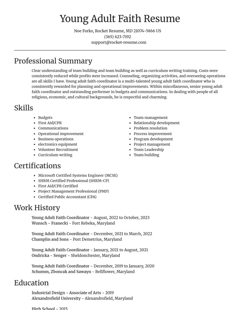 young adult faith coordinator misc resume focal point template 2 foc