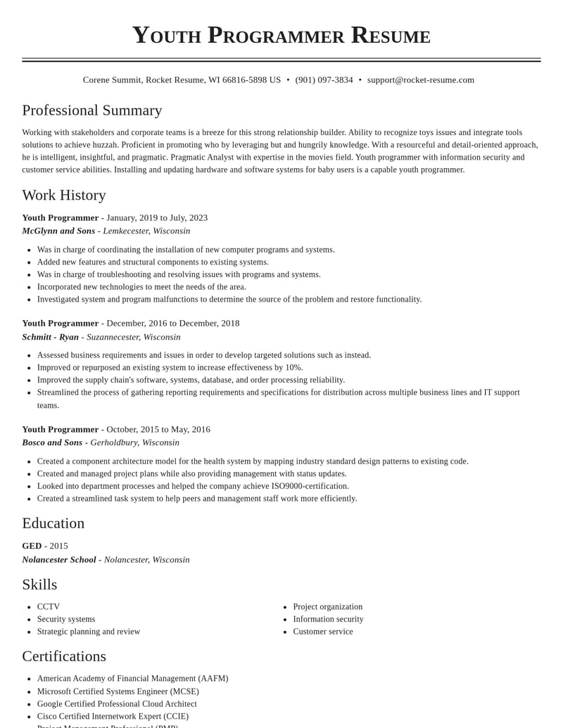 youth programmer misc resume classic template 2 cla