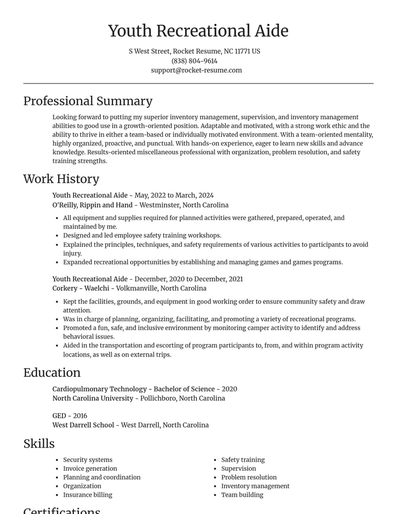 youth recreational aide misc resume focal point template 1 foc